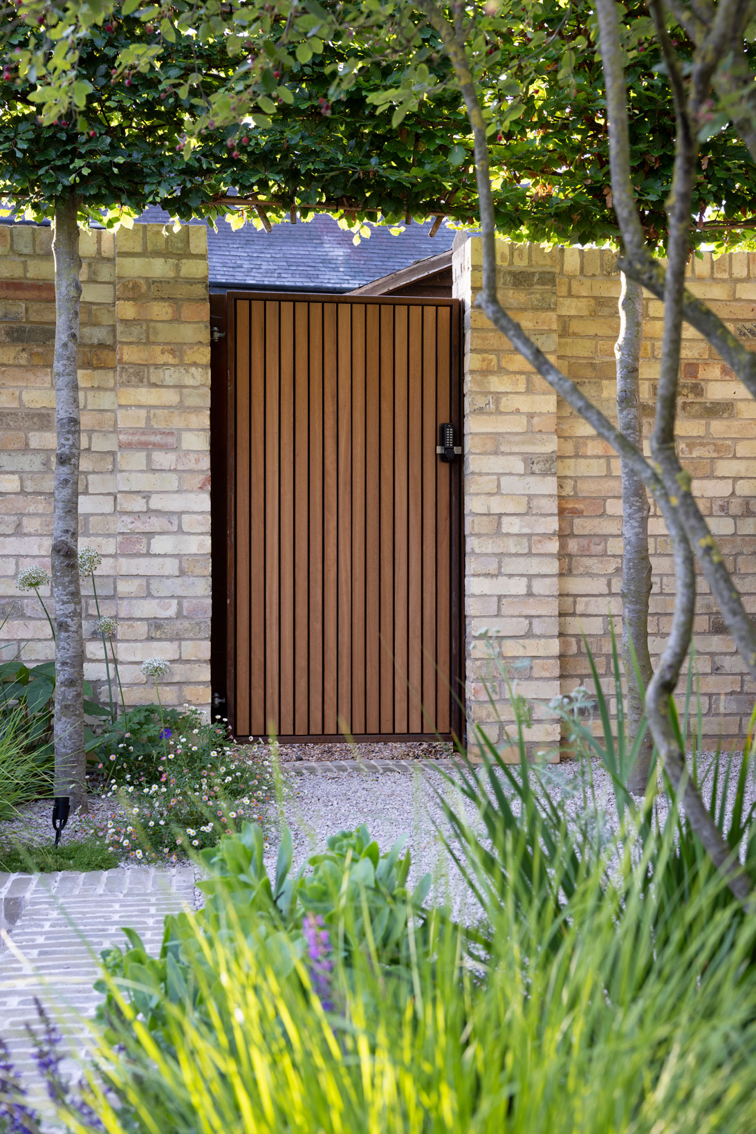 Colm Joseph Cambridge courtyard design bespoke garden gate pleached trees brick wall