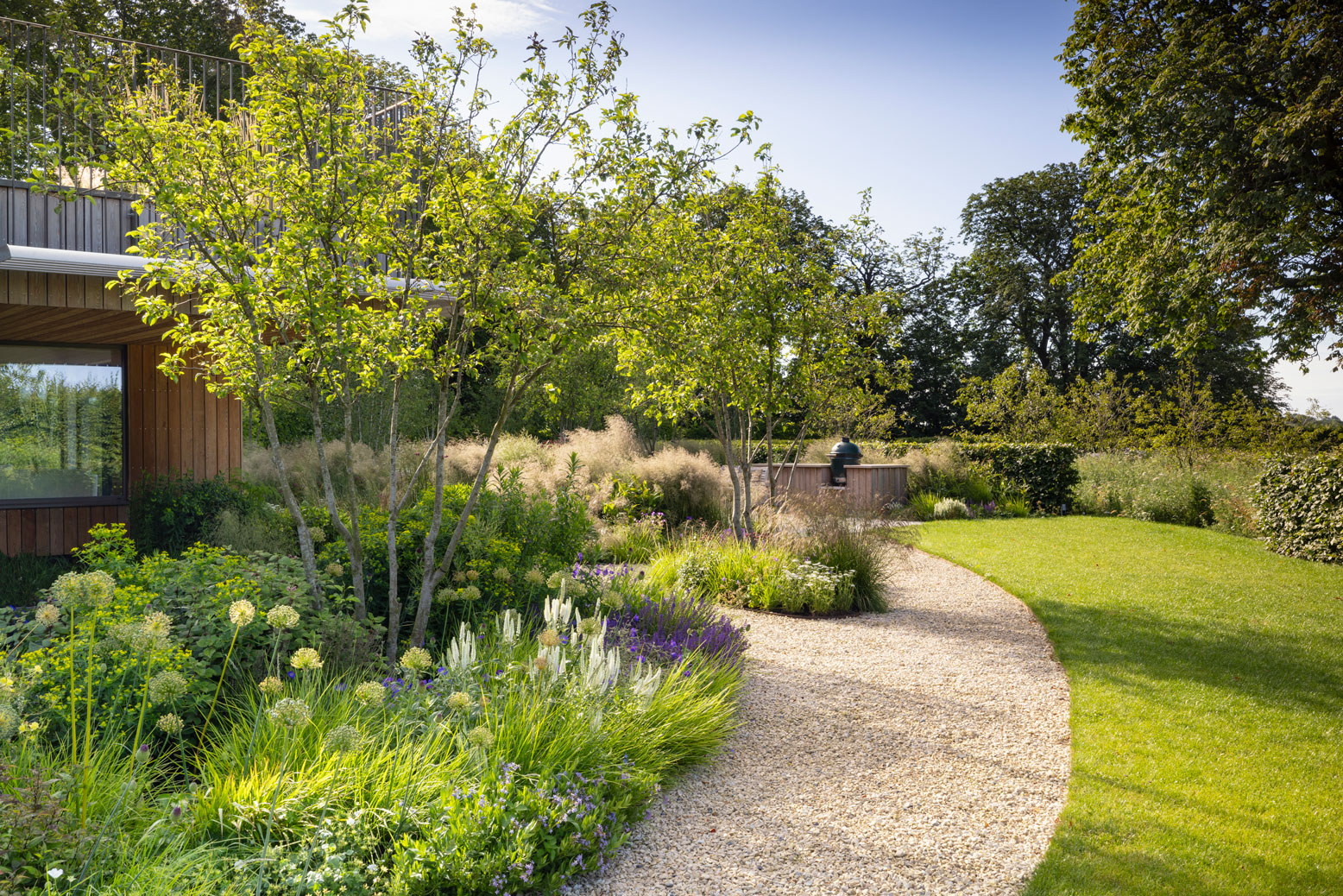 Colm Joseph Cambridgeshire country garden modern home naturalistic planting design multi-stem crabapple trees curved gravel path outdoor kitchen