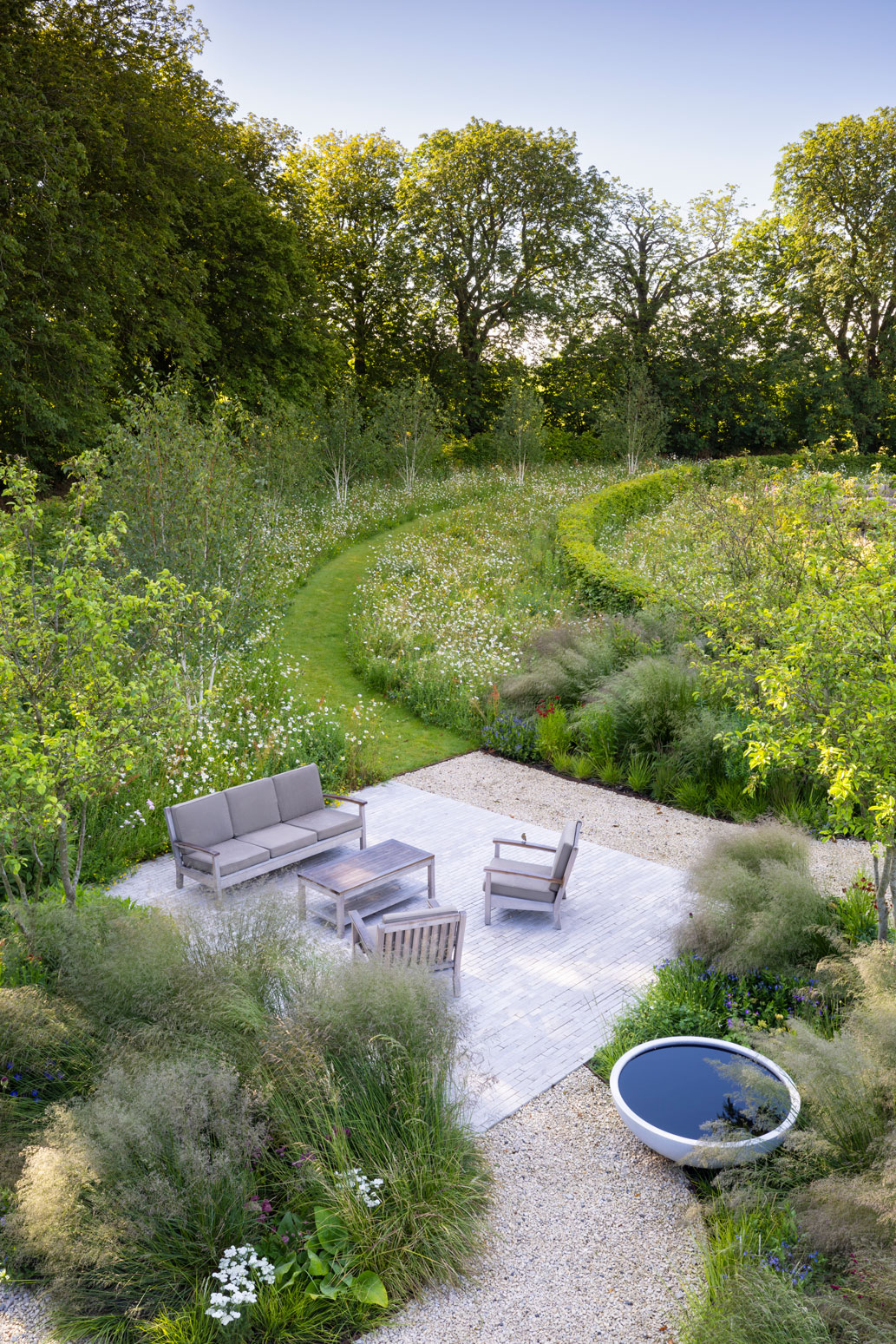 Colm Joseph Cambridgeshire country garden modern overhead view curvilinear design meadow gravel pathways seating area water bowl