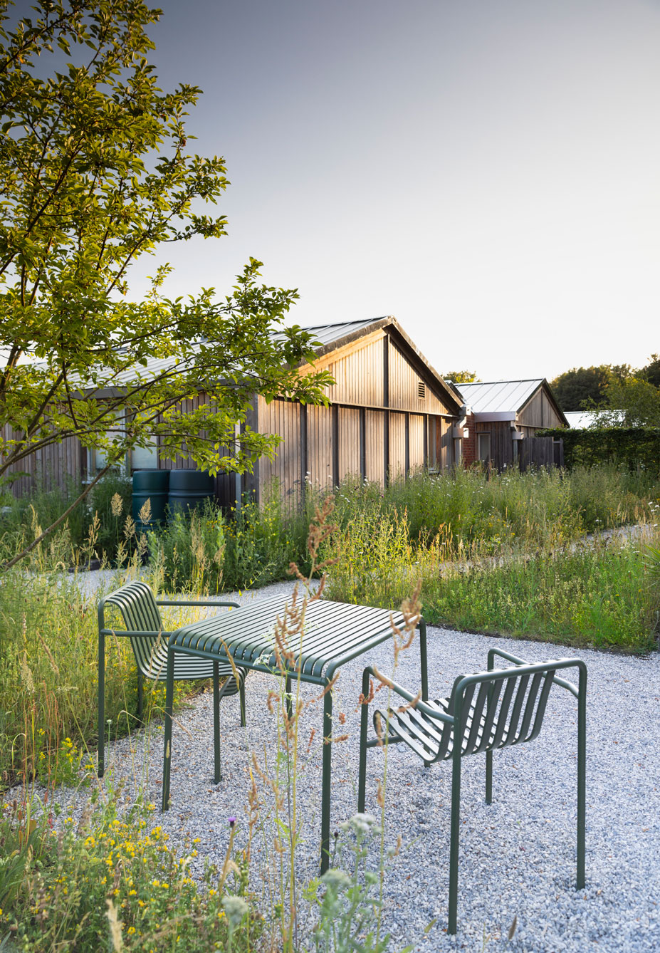 Colm Joseph suffolk walled garden design limestone gravel path seating area wildflower meadow timber architecture