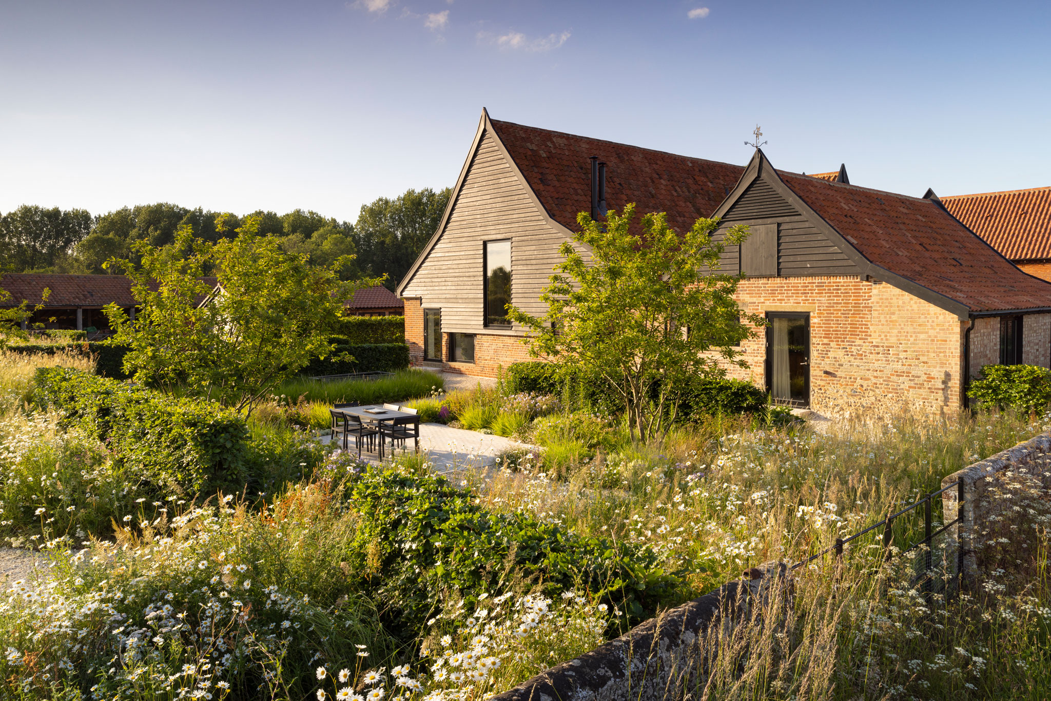 Colm Joseph suffolk walled garden converted barn modern home naturalistic planting design wildflower meadow beech hedge multi-stem crabapple trees seating area