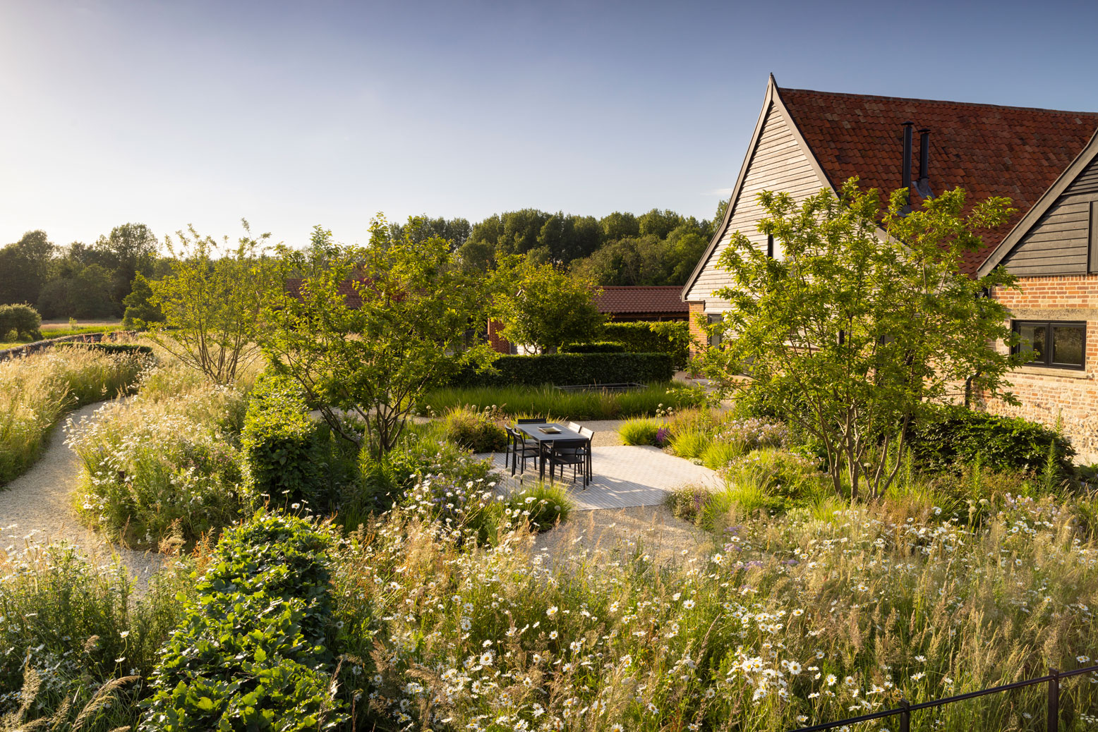 Colm Joseph suffolk garden converted barn modern home naturalistic planting design wildflower meadow beech hedge multi-stem crabapple trees seating area gravel paths