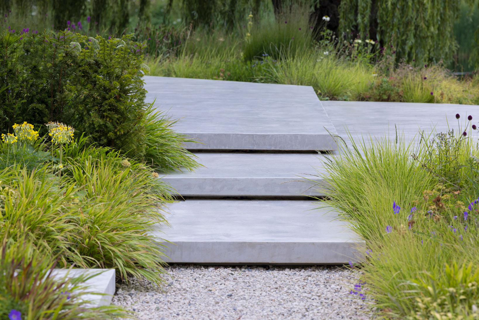 Colm Joseph modern country garden cambridgeshire floating concrete steps naturalistic planting design sesleria hakonechloa taxus yew hedge block