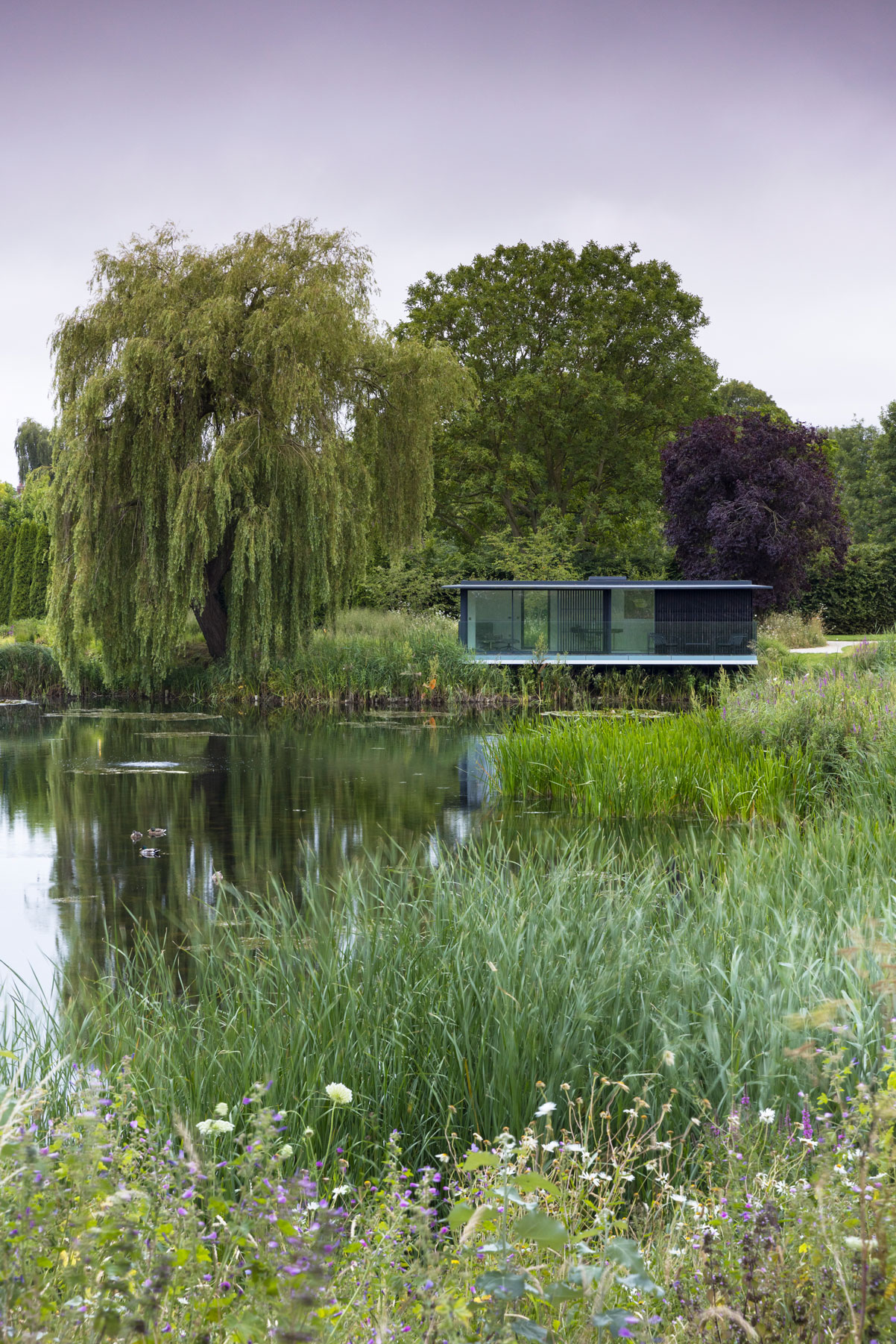 Colm Joseph modern country garden cambridgeshire home studio outbuilding lake view contemporary garden room cantilevered seating deck